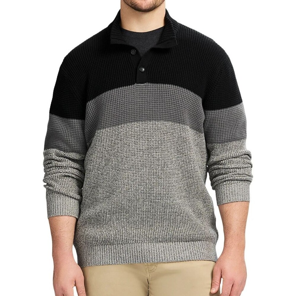 IZOD Men's 7-Gauge Holiday Striped Button Mock Sweater 5XB Black
